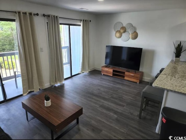 living room with dark hardwood / wood-style floors