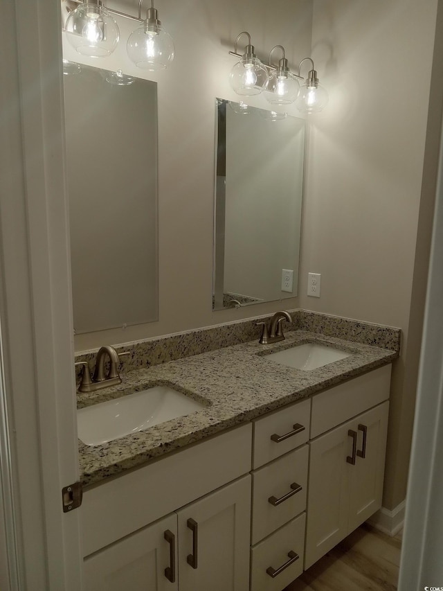 bathroom featuring double vanity, wood finished floors, and a sink