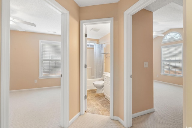 hallway featuring light carpet and vaulted ceiling