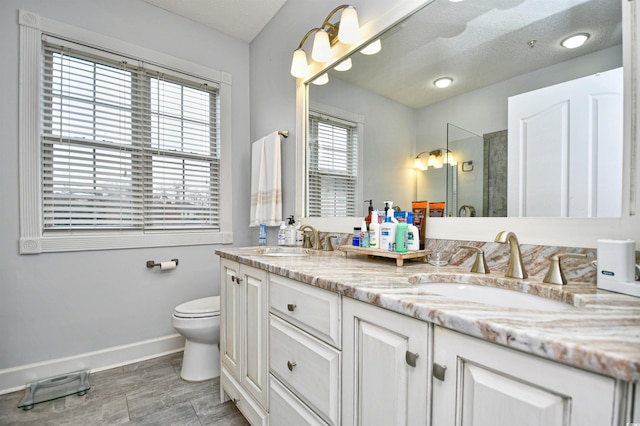 bathroom featuring a shower, vanity, and toilet