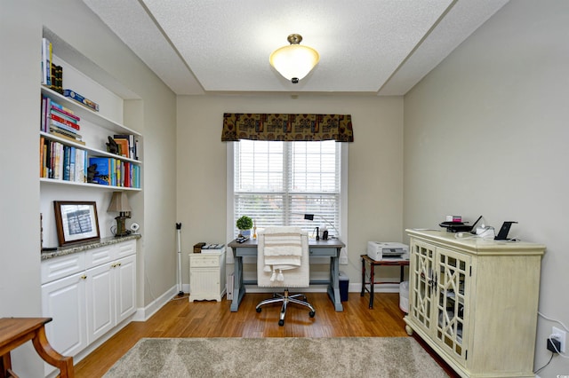 office space featuring a textured ceiling and light hardwood / wood-style flooring