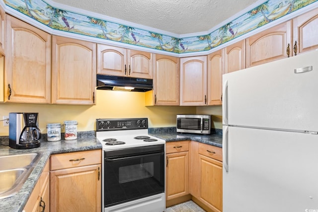 kitchen with a textured ceiling, light brown cabinetry, white appliances, and sink