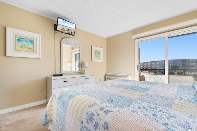 bedroom with access to exterior, light colored carpet, and a textured ceiling