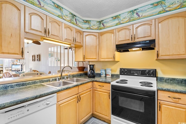 kitchen featuring a textured ceiling, white appliances, light brown cabinetry, and sink