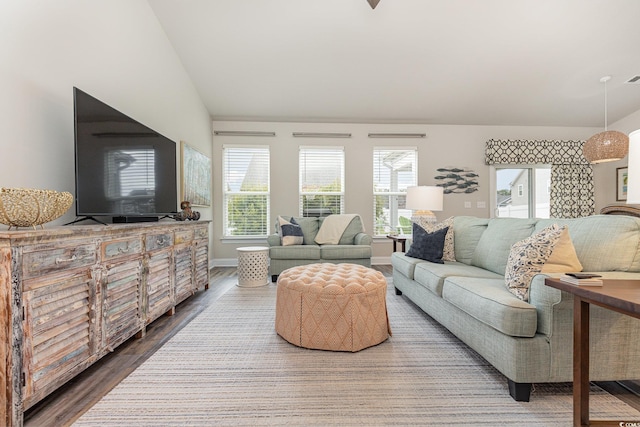 living room featuring hardwood / wood-style flooring, a healthy amount of sunlight, and vaulted ceiling