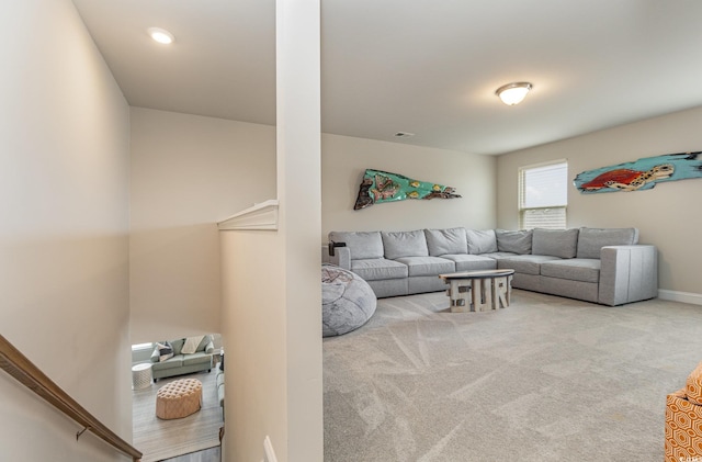 living room featuring light colored carpet