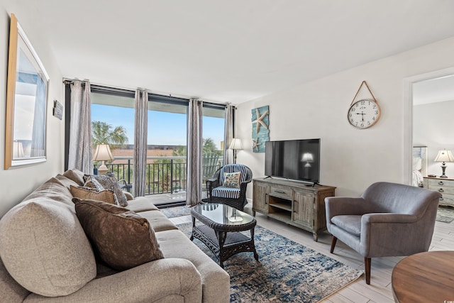 living room featuring floor to ceiling windows and light hardwood / wood-style floors