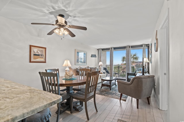 dining space with light wood-type flooring, floor to ceiling windows, and ceiling fan