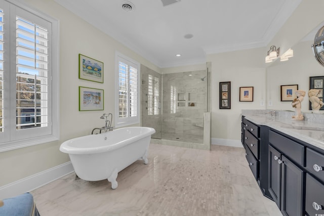 bathroom with vanity, crown molding, and plus walk in shower