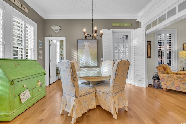 dining space featuring a notable chandelier, light hardwood / wood-style floors, wood ceiling, and crown molding