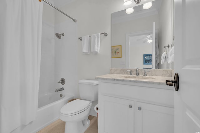 full bathroom featuring shower / bath combination with curtain, vanity, ceiling fan, crown molding, and toilet