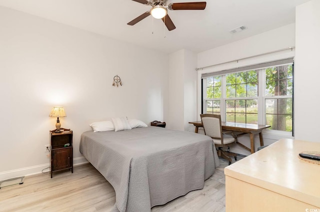 bedroom featuring ceiling fan and light hardwood / wood-style floors