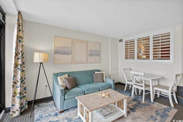 4800 S Ocean Blvd Unit 1219, North Myrtle Beach, SC 29582 - carpeted living room with baseboards, a textured ceiling, and visible vents