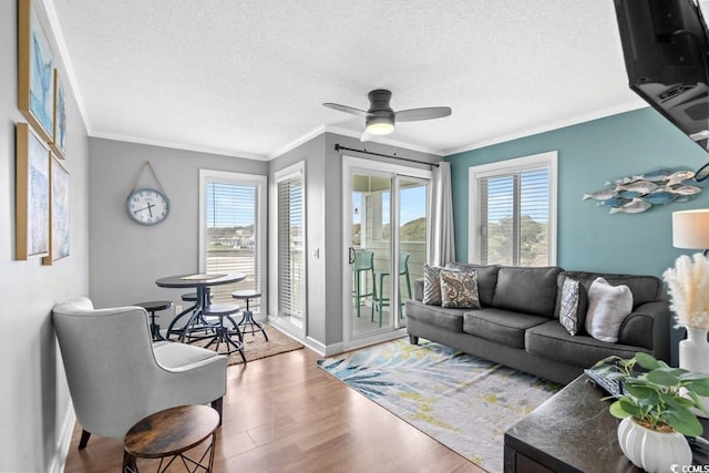 9400 Shore Dr Unit 312, Myrtle Beach, SC 29572 - living room with ornamental molding, baseboards, a textured ceiling, and ceiling fan