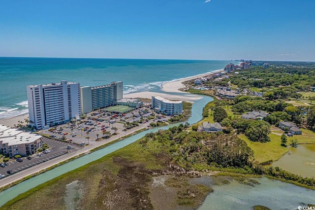 bird's eye view with a beach view and a water view