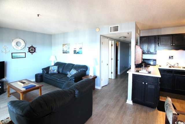 living room with a textured ceiling, light hardwood / wood-style floors, and sink