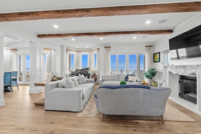 living room with light hardwood / wood-style floors, a premium fireplace, and french doors