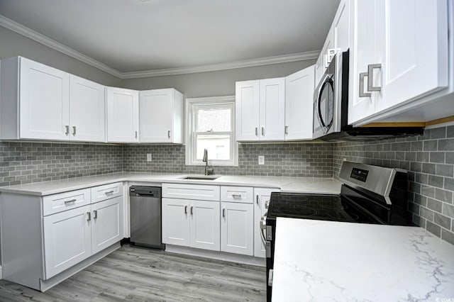 kitchen featuring white cabinets, decorative backsplash, stainless steel appliances, and sink