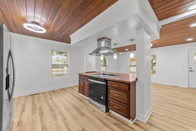 kitchen with wood ceiling, appliances with stainless steel finishes, island exhaust hood, pendant lighting, and wooden counters