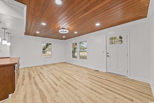 unfurnished living room with crown molding, recessed lighting, wood ceiling, light wood-type flooring, and baseboards