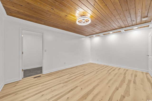 unfurnished room featuring wood ceiling, visible vents, and light wood-style floors