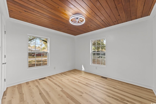 unfurnished room with wooden ceiling, visible vents, and light wood-style floors