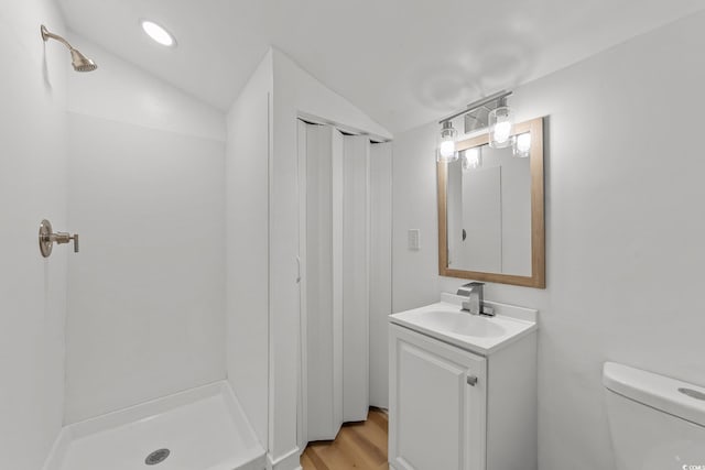 bathroom featuring vaulted ceiling, wood finished floors, vanity, and toilet