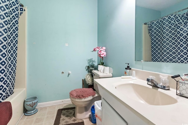 full bathroom with vanity, toilet, and shower / tub combo with curtain