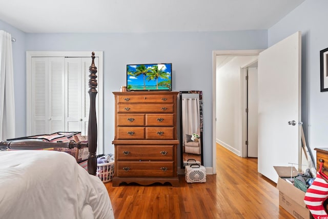 bedroom with wood-type flooring and a closet