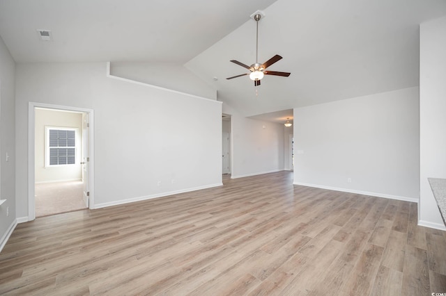 unfurnished living room with ceiling fan, light hardwood / wood-style flooring, and high vaulted ceiling