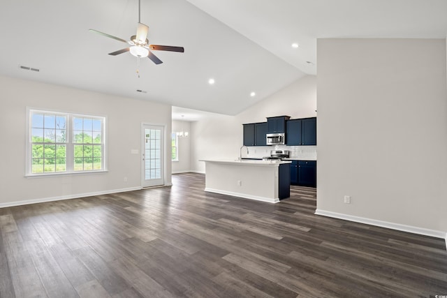 332 Hayloft Cir, Conway, SC 29526 - unfurnished living room with high vaulted ceiling, ceiling fan, dark wood-type flooring, a chandelier, and recessed lighting