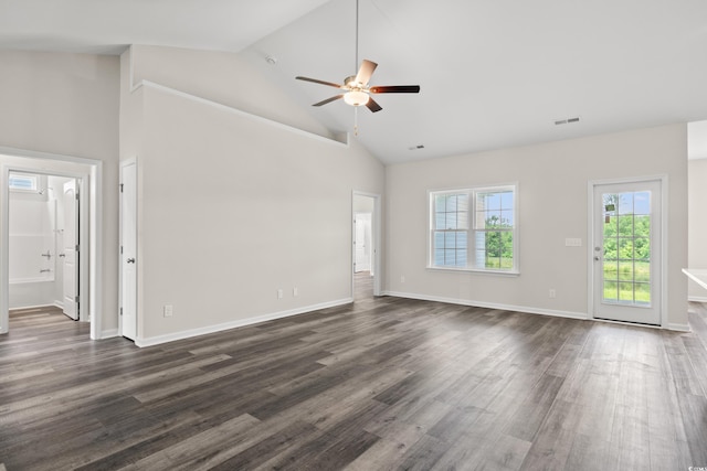 332 Hayloft Cir, Conway, SC 29526 - unfurnished living room with dark wood-style flooring, ceiling fan, and high vaulted ceiling