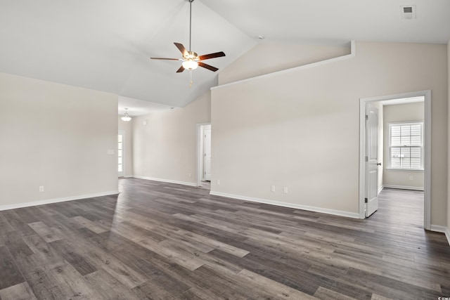 332 Hayloft Cir, Conway, SC 29526 - unfurnished living room with ceiling fan, dark wood-style floors, and high vaulted ceiling
