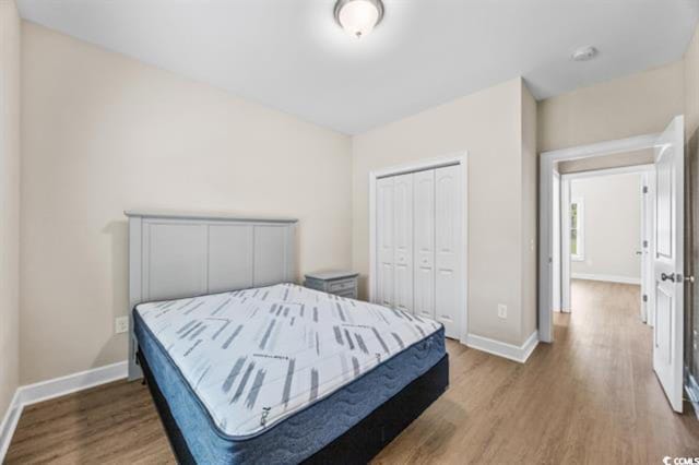 bedroom with wood-type flooring and a closet