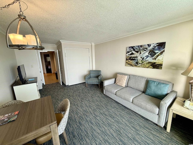 living room with crown molding and a textured ceiling