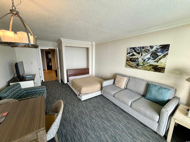 interior space featuring crown molding and a textured ceiling