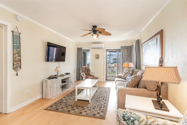 living room featuring light hardwood / wood-style flooring, a wall mounted AC, and ornamental molding