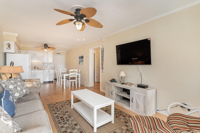 living room featuring a textured ceiling, light hardwood / wood-style flooring, ceiling fan, and crown molding