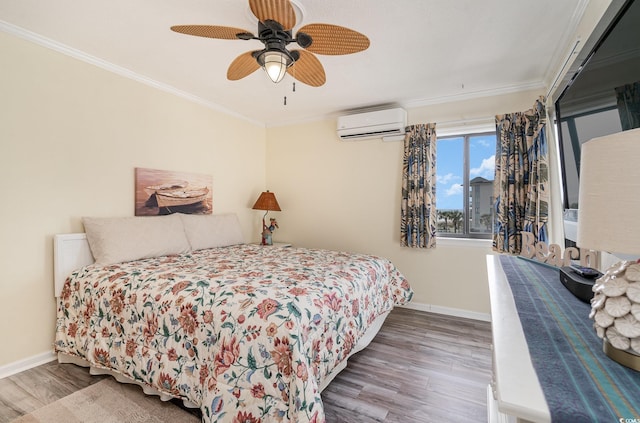 bedroom featuring a wall mounted AC, hardwood / wood-style floors, ceiling fan, and ornamental molding