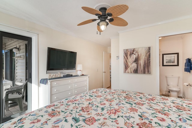 bedroom with ensuite bath, ceiling fan, and crown molding