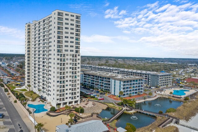 exterior space with a water view