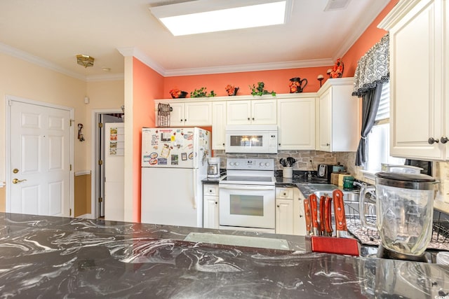 kitchen with white cabinetry, white appliances, ornamental molding, and tasteful backsplash