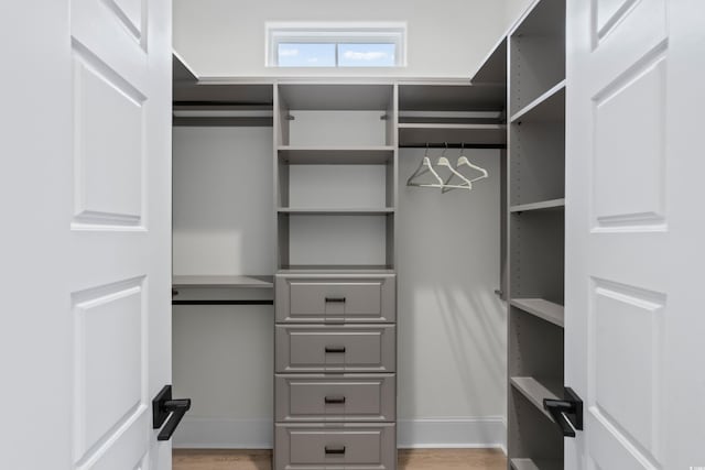 walk in closet with hardwood / wood-style floors