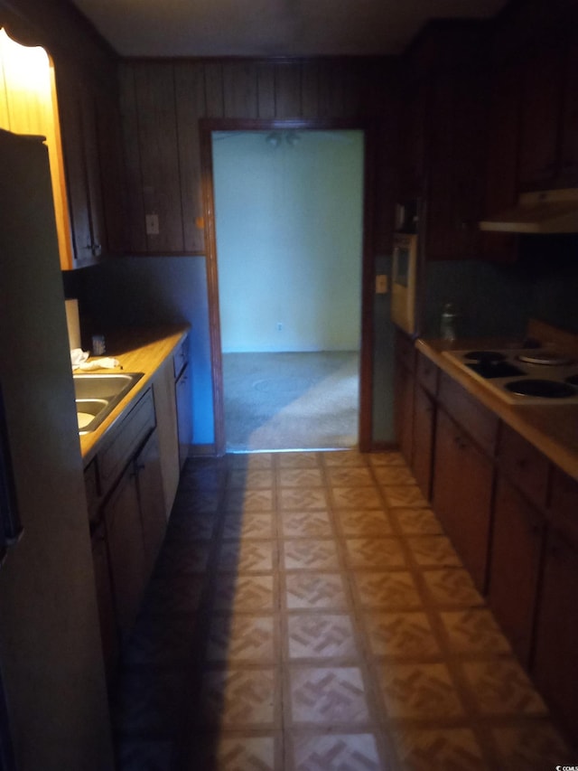 kitchen featuring white cooktop, light colored carpet, wooden walls, sink, and exhaust hood