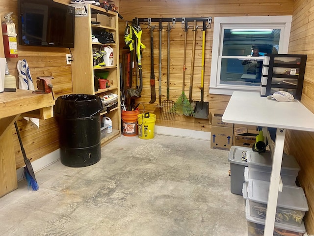 basement featuring wooden walls