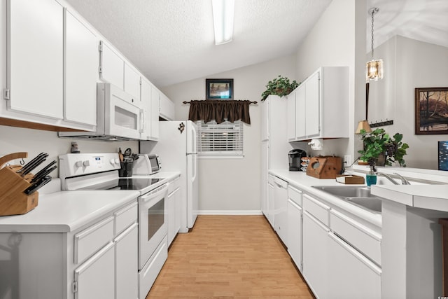 kitchen with white cabinetry, sink, pendant lighting, a textured ceiling, and white appliances