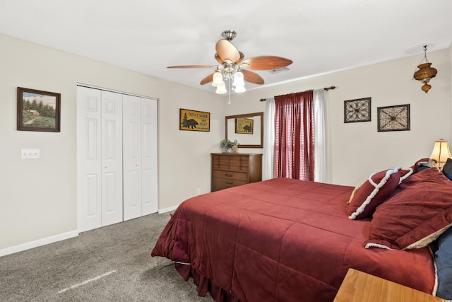 bedroom with carpet flooring, ceiling fan, and a closet