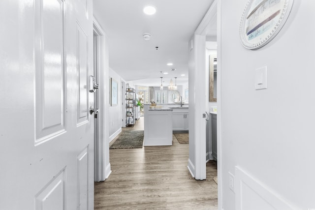 hall with sink and dark hardwood / wood-style floors