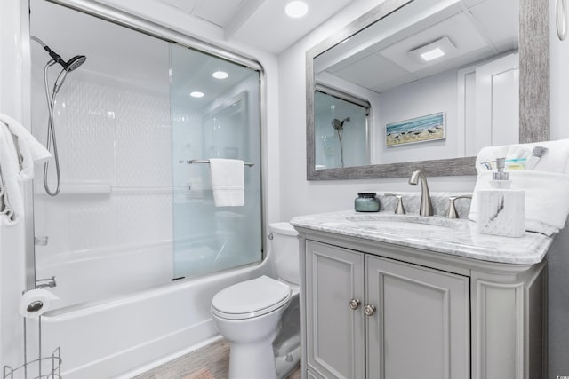 full bathroom with vanity, toilet, enclosed tub / shower combo, and wood-type flooring