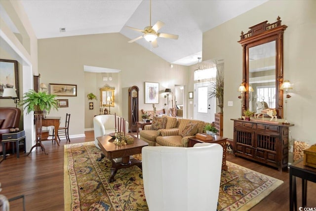 living room with baseboards, visible vents, ceiling fan, dark wood-style flooring, and high vaulted ceiling